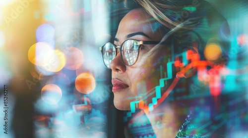 A thoughtful woman with glasses reflects through transparent glass, overlaid with dynamic financial graphs and data visualization.