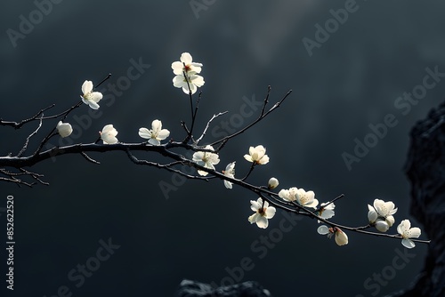 Realistic portrait photo macro shot, of  botanical white cherry plum blossom flower with dark background, wallpaper, wall art