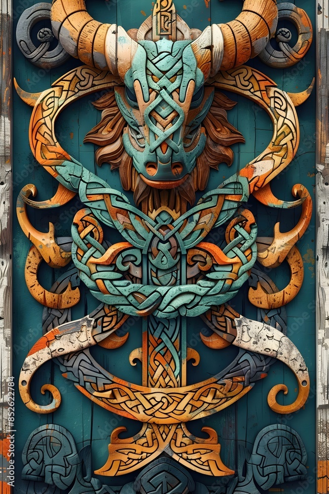 Fototapeta premium Breathtaking Viking Art Pattern with Ornate Interlocking Designs,Mythological Creatures,and Runic Imagery