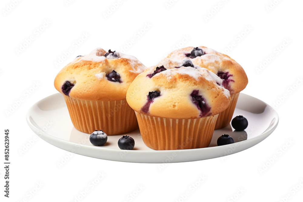 A Trio of Blueberry Muffins Garnished With Powdered Sugar on a White Plate on a Clear PNG or White Background. A Trio of Blueberry Muffins Garnished With Powdered Sugar on a White Plate on a Clear PNG or White Background.