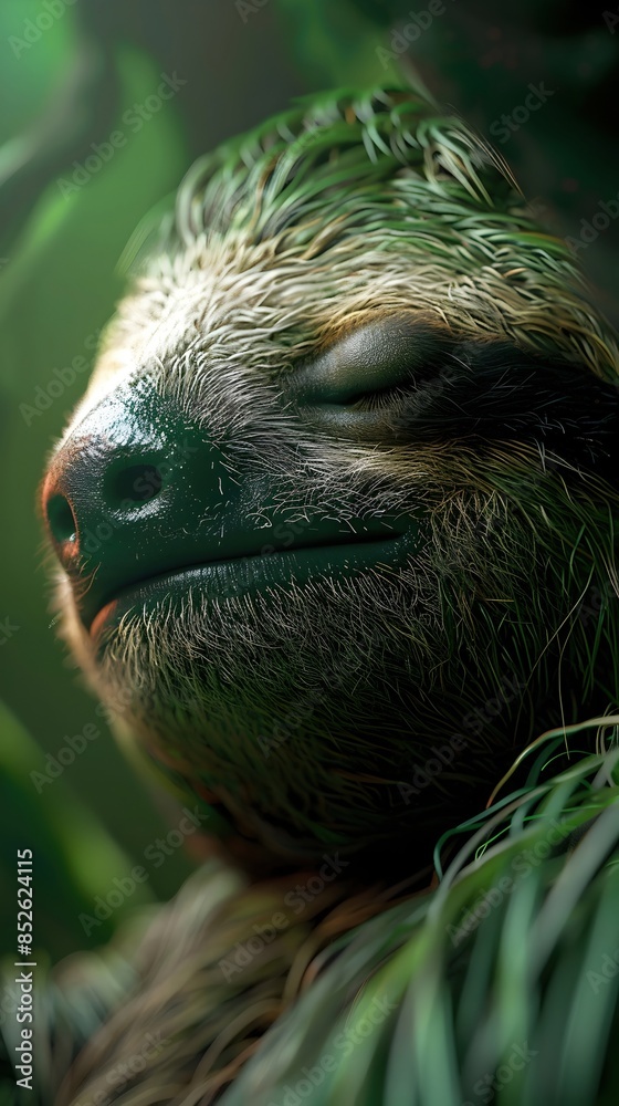 Meditative Sloth Portrait:Algae-Streaked Fur,Cinematic Rendering