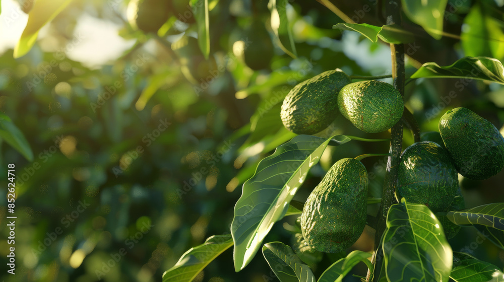 Lush green avocado tree with ripe avocados hanging, glistening under the morning sun in a vibrant orchard. Lush green avocado tree with ripe avocados hanging, glistening under the morning sun in a vibrant orchard.