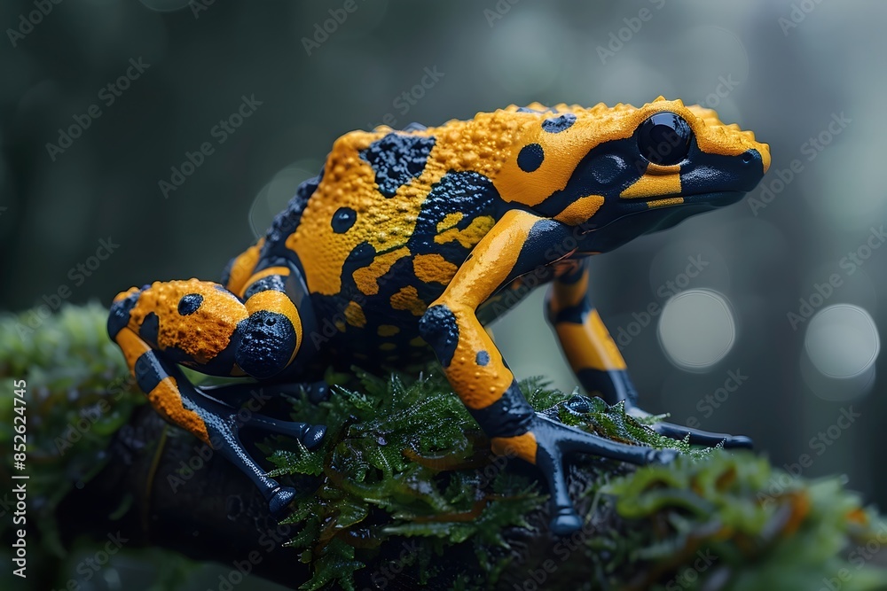 Fototapeta premium Vibrant Golden Poison Frog Glistening in Lush Rainforest Canopy with Mossy Branch