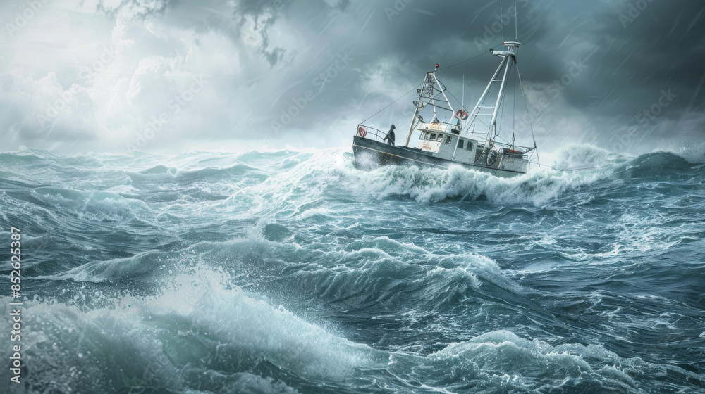 Fototapeta premium A fishing boat battles powerful, turbulent waves under dark, stormy skies, capturing the essence of resilience and adventure at sea.