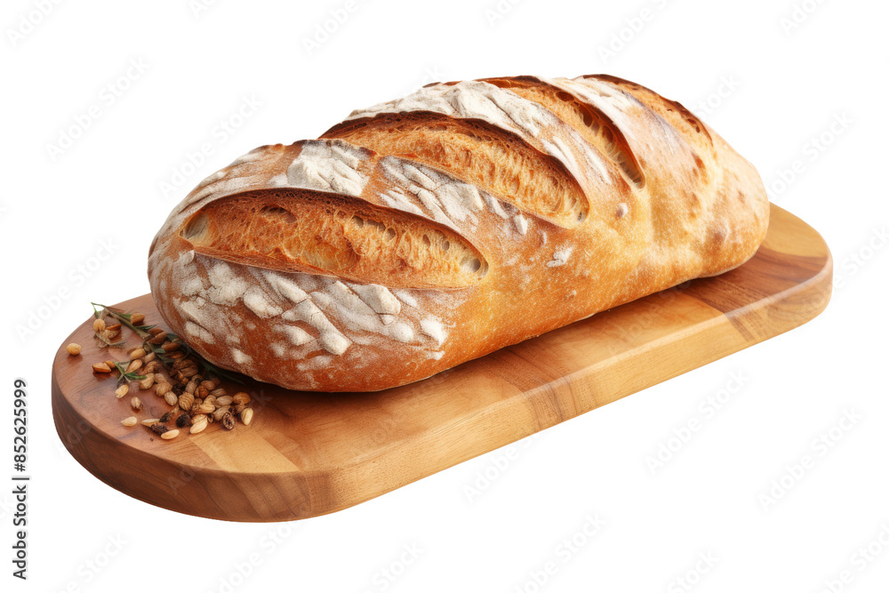 A Golden Crust, A Rustic Charm: A Freshly Baked Loaf of Bread on a Wooden Board on a Clear PNG or White Background. A Golden Crust, A Rustic Charm: A Freshly Baked Loaf of Bread on a Wooden Board on a Clear PNG or White Background.
