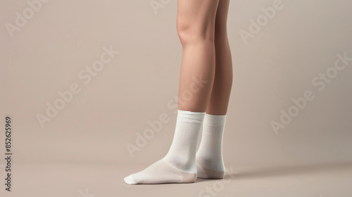 Minimalistic shot of a person's legs wearing white socks against a soft beige background, emphasizing simple elegance and comfort.
