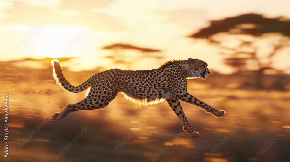 Obraz premium A cheetah sprints gracefully across the grassland during sunset, embodying speed and the serene beauty of the African wilderness.