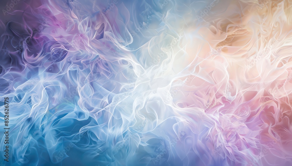 Fototapeta premium Abstract colorful smoke or cloud pattern with soft pastel hues of blue, purple, and pink, creating a dreamy and ethereal atmosphere.