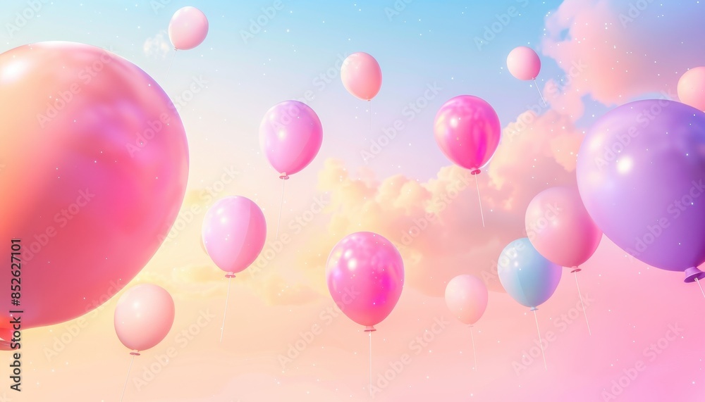 Colorful balloons floating in the sky against a dreamy, pastel-colored background with fluffy clouds and a soft sunset hue. Colorful balloons floating in the sky against a dreamy, pastel-colored background with fluffy clouds and a soft sunset hue.