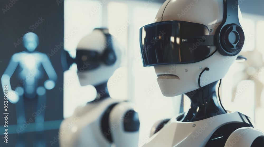 Naklejka premium Robots equipped with VR headsets stand in a line, symbolizing the advancement of artificial intelligence and its integration into human life.