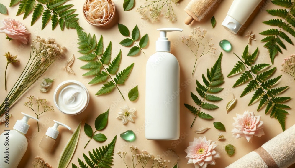 Flat lay of various natural skincare products arranged with greenery and flowers on a beige background, highlighting organic beauty. Flat lay of various natural skincare products arranged with greenery and flowers on a beige background, highlighting organic beauty.