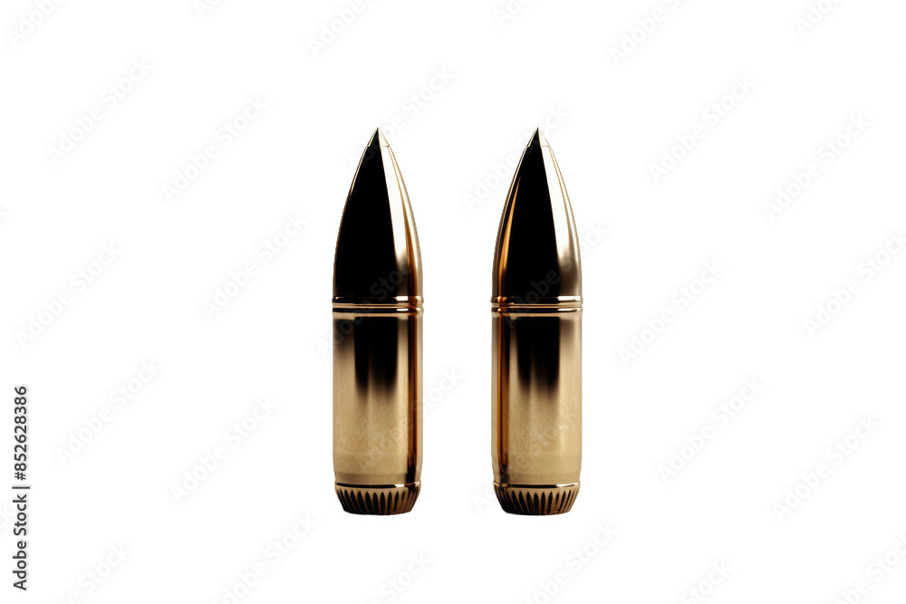 Two Golden Bullets Standing Tall Against a Pure White Background on a Clear PNG or White Background. Two Golden Bullets Standing Tall Against a Pure White Background on a Clear PNG or White Background.