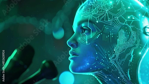 Side view portrait of a robotic woman with a glowing cybernetic brain, AI concept. Digital background