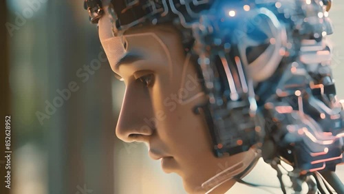 Side view portrait of a robotic woman with a glowing cybernetic brain, AI concept. Digital background