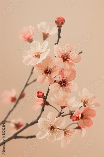 Realistic portrait photo macro shot, of  botanical white pink cherry plum blossom flower with light background, wallpaper, wall art photo