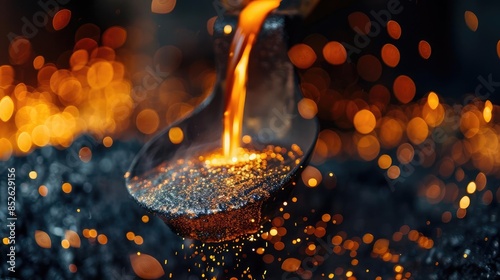 Molten metal being poured into a mold with glowing sparks. High-temperature industrial process demonstrating metallurgy and foundry techniques.