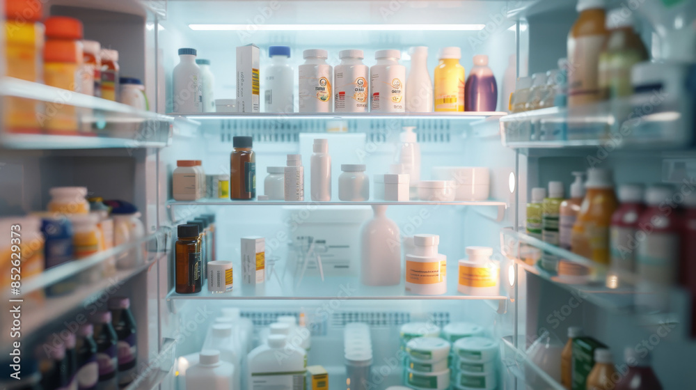 A neatly stocked refrigerator filled with various medicinal supplies and bottles, highlighting organization and care in medical storage. A neatly stocked refrigerator filled with various medicinal supplies and bottles, highlighting organization and care in medical storage.