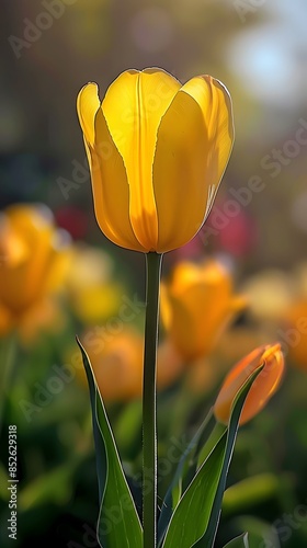 Realistic portrait photo macro shot, of  botanical yellow tulip flower with blurred filed background, wallpaper, wall art