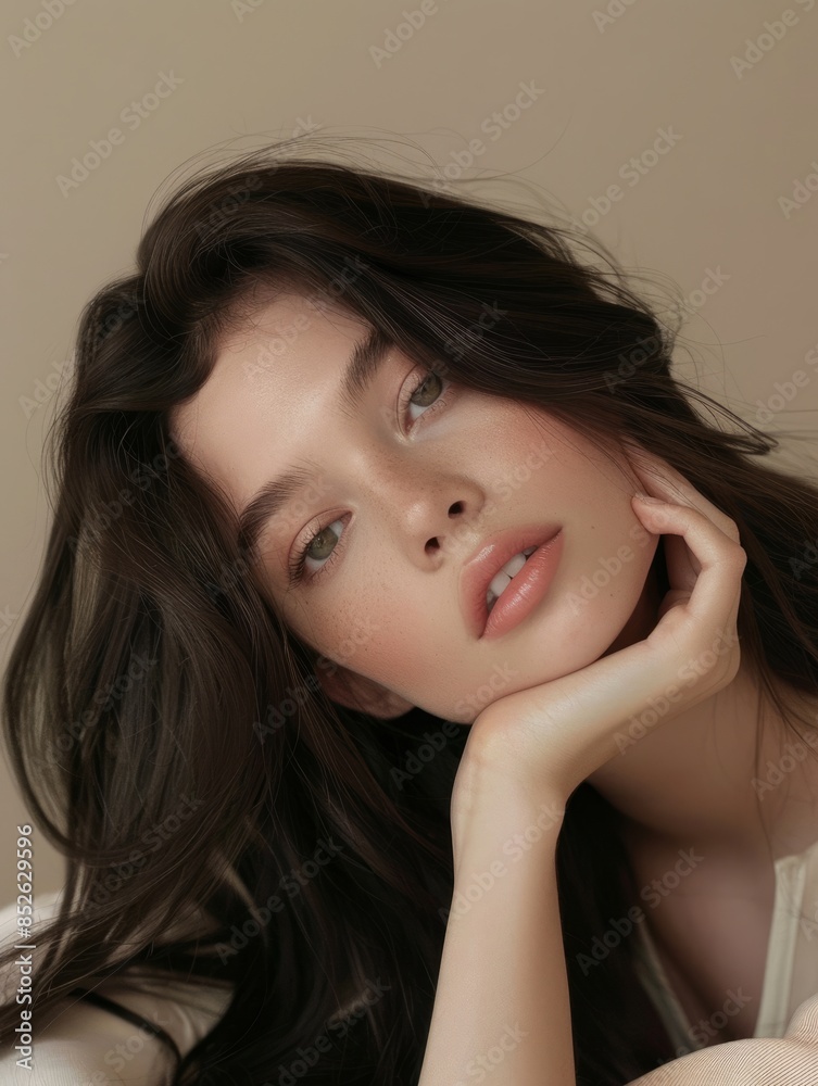 A close-up of a dark-haired model with her head resting on one arm, posing for a photo against a pure beige background, beauty concept A close-up of a dark-haired model with her head resting on one arm, posing for a photo against a pure beige background, beauty concept