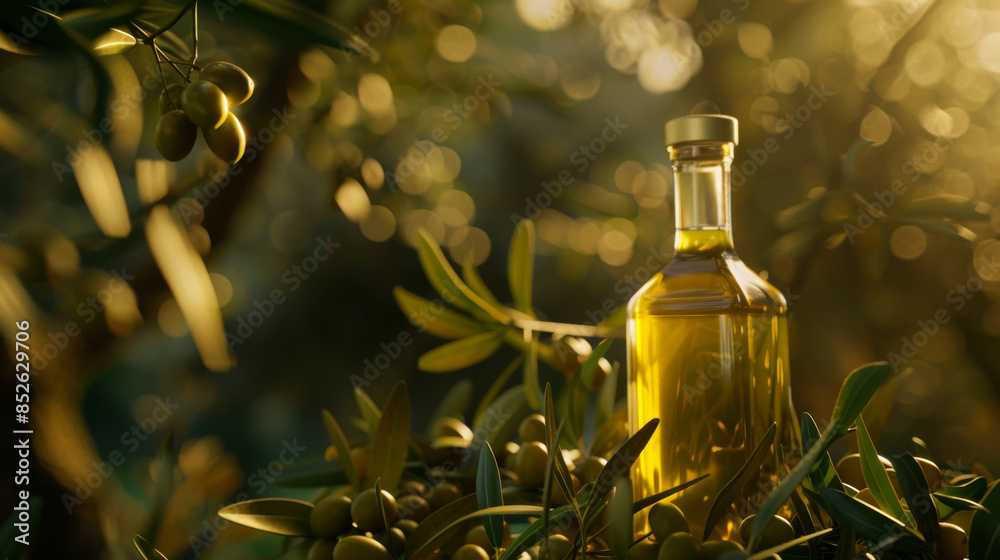 A bottle of olive oil nestles among olive branches and olives, illuminated by warm, golden sunlight, symbolizing natural beauty and culinary richness. A bottle of olive oil nestles among olive branches and olives, illuminated by warm, golden sunlight, symbolizing natural beauty and culinary richness.