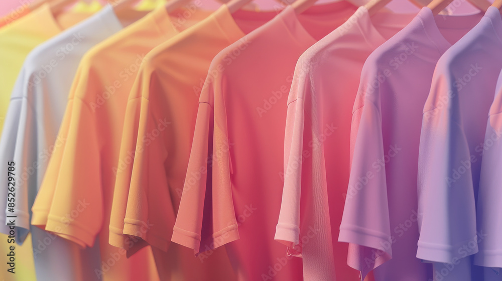 A vibrant row of multicolored t-shirts hanging neatly on wooden hangers, bathed in soft, pastel hues. A vibrant row of multicolored t-shirts hanging neatly on wooden hangers, bathed in soft, pastel hues.