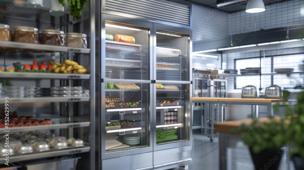 Sleek refrigerator units in a commercial kitchen, stocked with a variety of fresh ingredients, ready for culinary creations. Sleek refrigerator units in a commercial kitchen, stocked with a variety of fresh ingredients, ready for culinary creations.