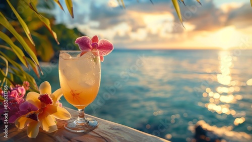 Tropical Paradise: Sunglow Cocktail at Sunset by the Ocean Shore with Orchids photo