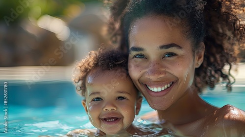 An African American woman with her child smiling in the pool under sunlight © Barosanu