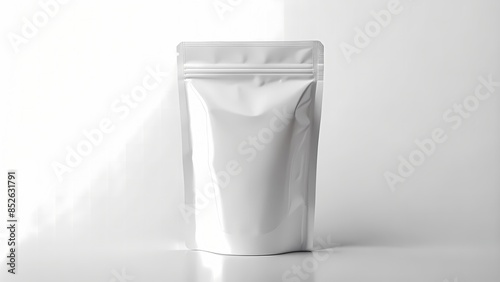 Blank White Aluminum Foil Doypack Bag Mockup With Zipper. 3D Rendering. photo