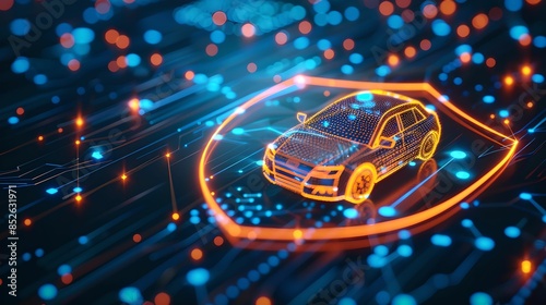 Glowing digital shield with car symbol car insurance, protection, security, coverage, dark