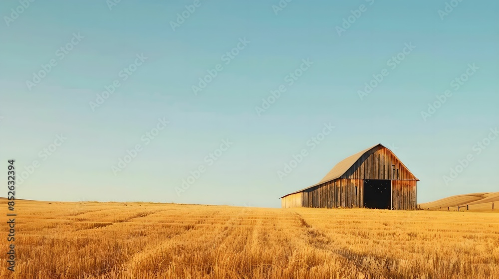 Rustic barn golden wheat field blue sky, countryside, nature, farming, agriculture Rustic barn golden wheat field blue sky, countryside, nature, farming, agriculture