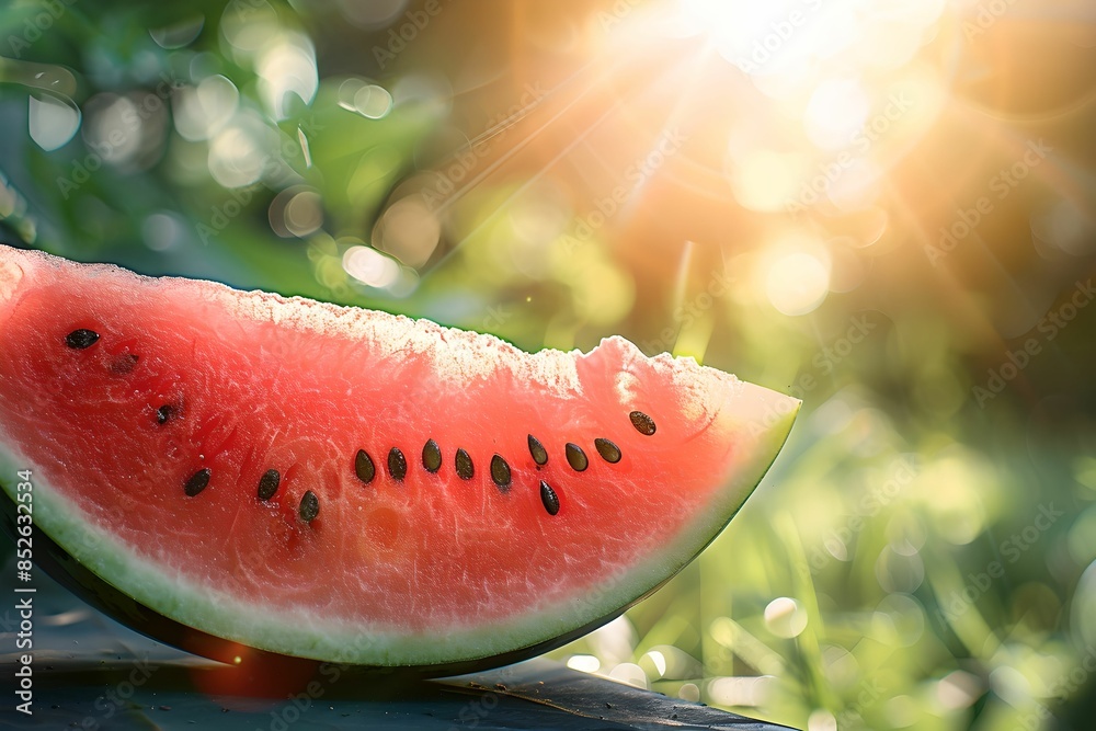 Refreshing watermelon slice sunny outdoor background, juicy, red, flesh, black Refreshing watermelon slice sunny outdoor background, juicy, red, flesh, black