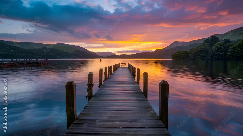 Sunset over calm lake wooden dock summer evening, water, tranquil, beauty, nature Sunset over calm lake wooden dock summer evening, water, tranquil, beauty, nature