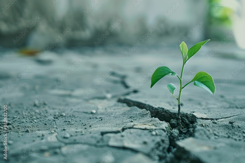 Green plant growing through cracked concrete resilience, nature, power, environment, close-up Green plant growing through cracked concrete resilience, nature, power, environment, close-up