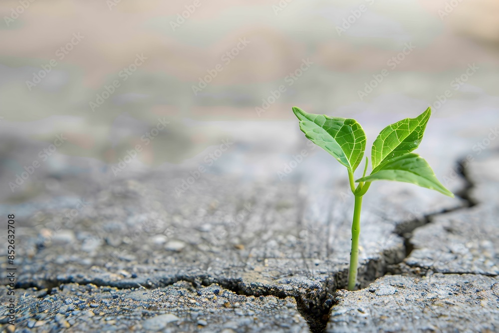 Green plant growing through cracked concrete resilience, nature, power, environment, close-up Green plant growing through cracked concrete resilience, nature, power, environment, close-up