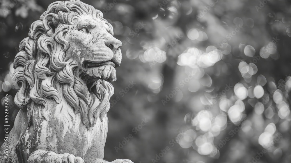 Obraz premium Ancient lion sculpture in historic public park Black and White with blank area