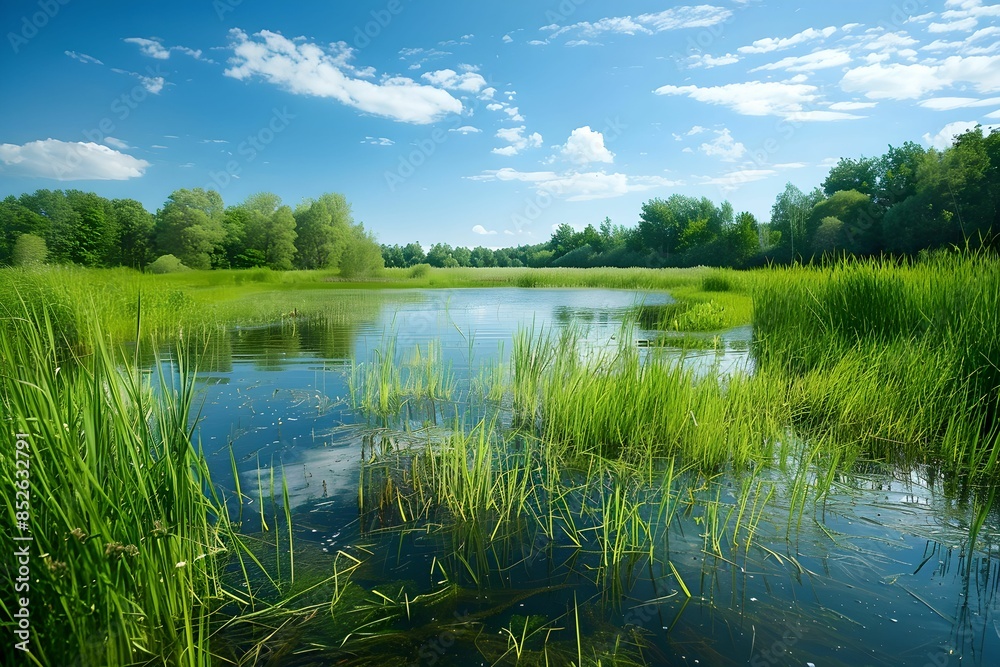 Obraz premium Wetland tall grasses clear water biodiversity, environment, health, nature, high-resolution