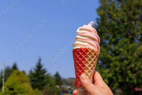 青森県の美味しいリンゴとバニラのミックスソフトクリームと青い空