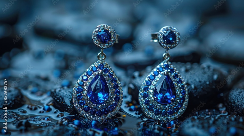 Sparkling Blue Sapphire Earrings on Wet Stones Sparkling Blue Sapphire Earrings on Wet Stones
