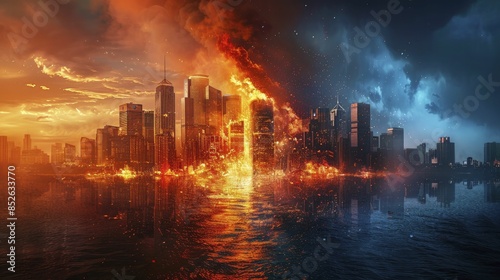Global economic crises illustrated by a world on fire, emphasizing the need for urgent action.