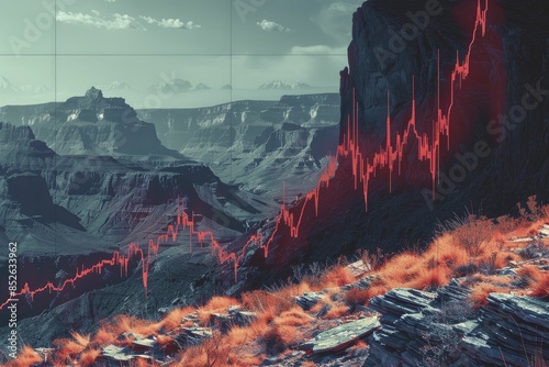 Market volatility illustrated by a red seismic line over rugged terrain, reflecting economic uncertainty. photo