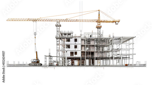 A crane lifts materials to construct a building with a skeletal structure in a white background. Isolated.