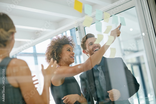Glass wall, ideas and business people with brainstorming, teamwork and feedback in meeting. Group, employees and manager with staff, women and positive result for review, startup and collaboration