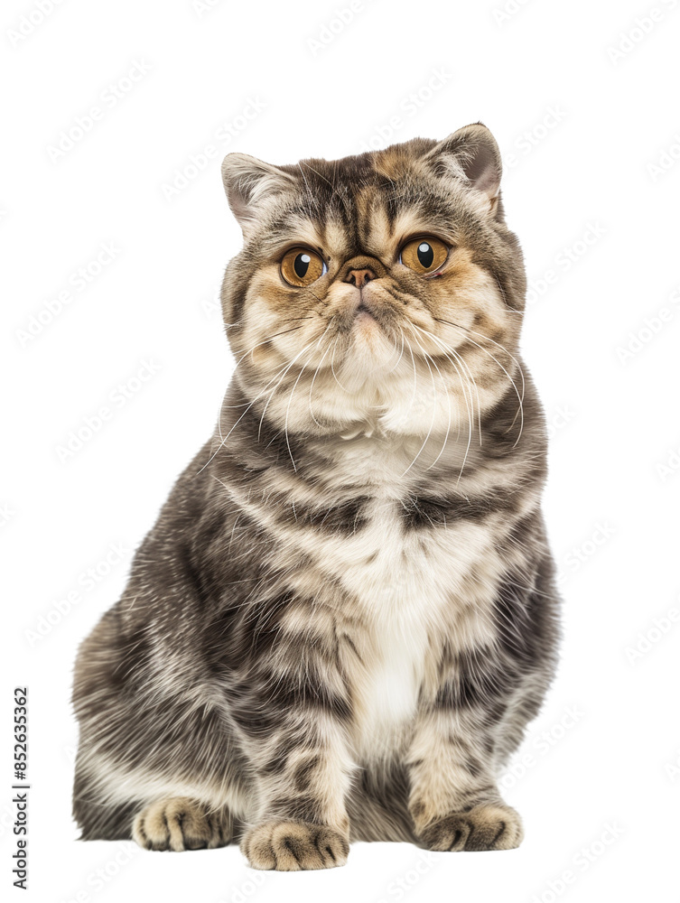 Full body shot of Exotic Shorthair cat, sitting, looking around curiously.