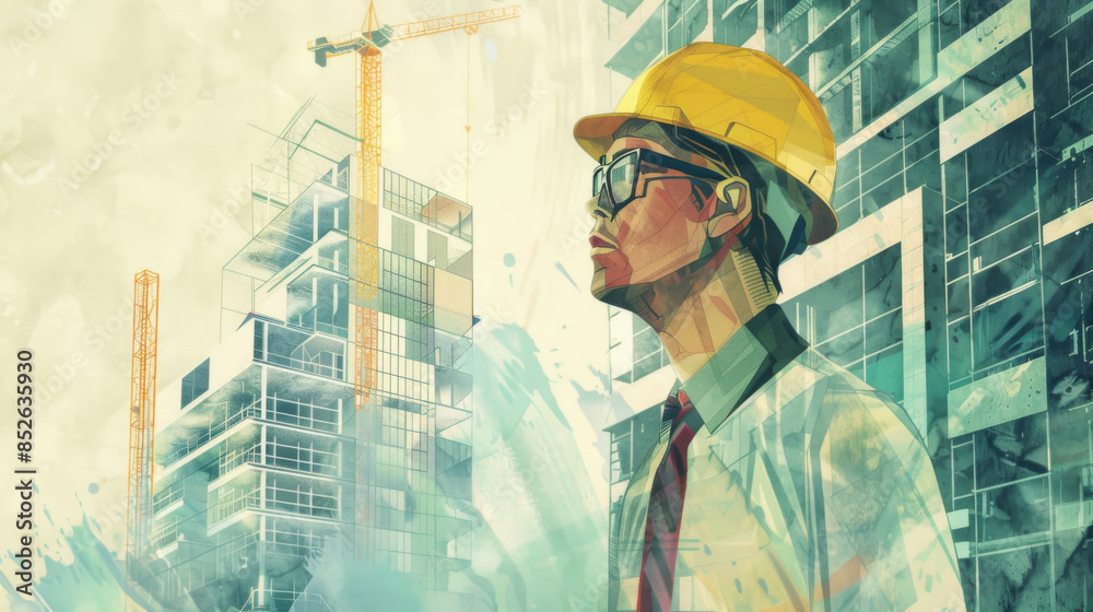 Illustration of an architect in a hard hat, observing a construction site with cranes and buildings in the background. Illustration of an architect in a hard hat, observing a construction site with cranes and buildings in the background.