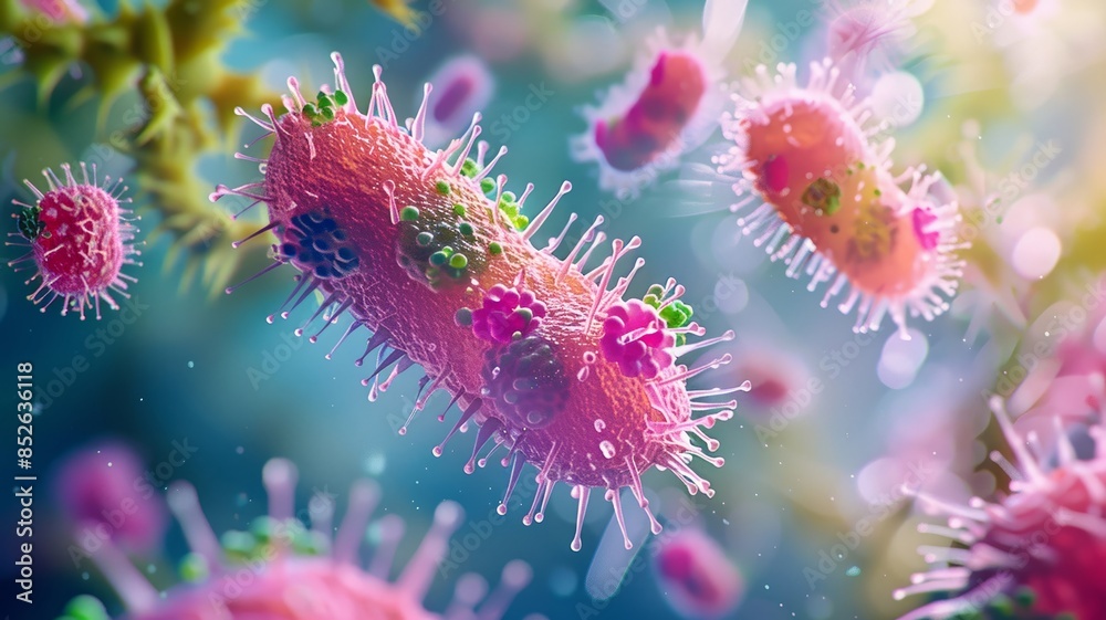 Colorful Close-Up of Microscopic Virus Particles in a Vibrant Microbiological Landscape Colorful Close-Up of Microscopic Virus Particles in a Vibrant Microbiological Landscape