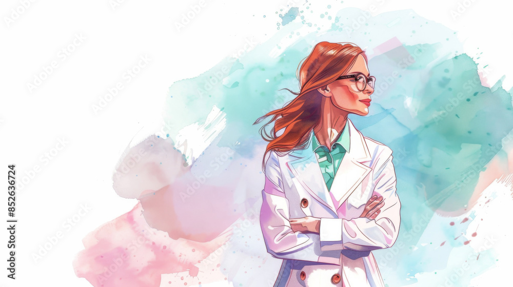 Watercolor illustration of a confident woman in a white lab coat, looking to the side, with arms crossed. Watercolor illustration of a confident woman in a white lab coat, looking to the side, with arms crossed.