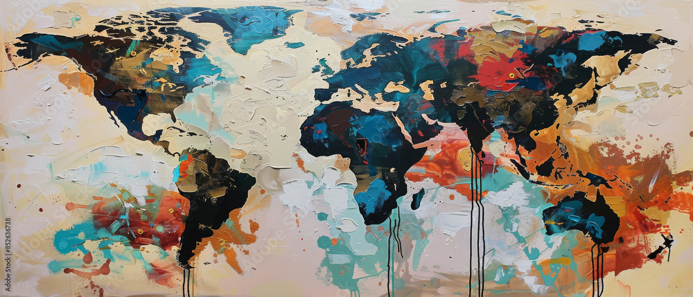 A dynamic and creative world map with bold, dripping paint ...
