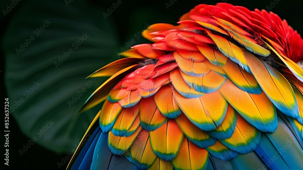Obraz premium Close-Up of Vivid Parrot Feathers with Multiple Colors and Clear Details