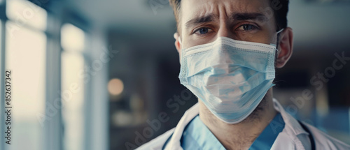 A young doctor with a mask looks serious and focused inside a modern clinical setting, representing the dedication and resolve in healthcare.